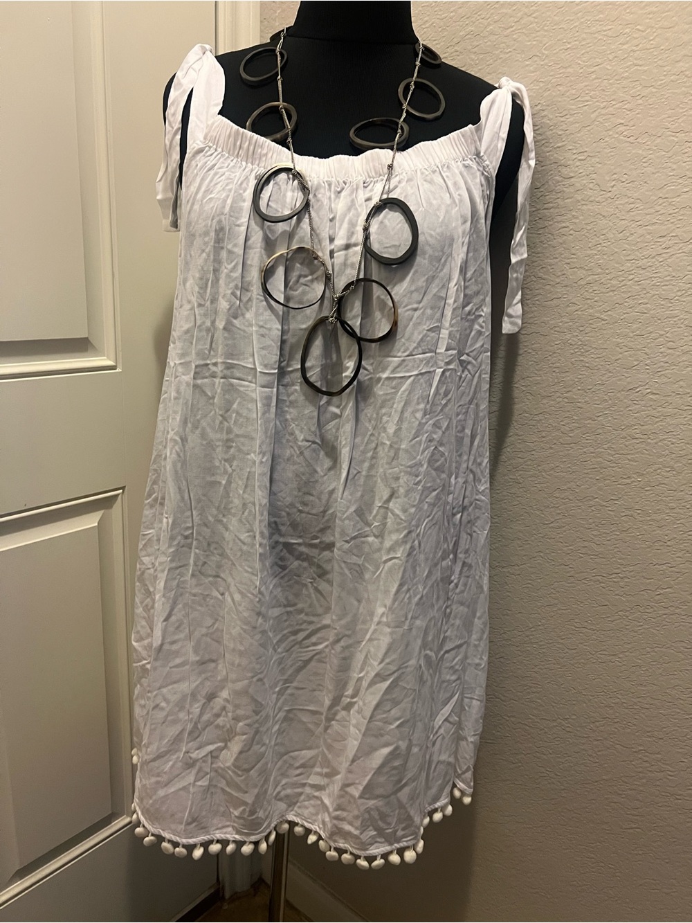 White Pom-Pom Tie-Shoulder Sundress